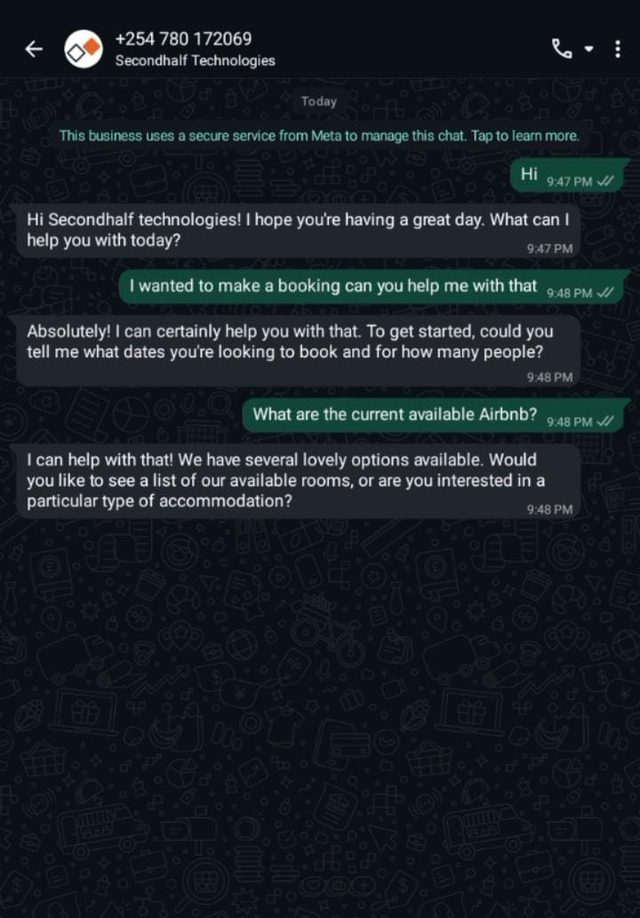WhatsApp chat where Alex greets a guest and asks what dates and how many people